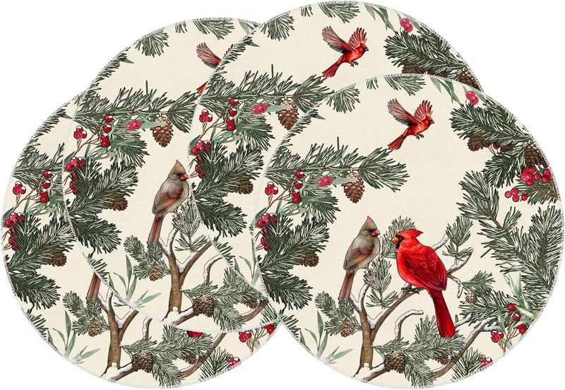 XCHI Cardinal Birds Winter Pine Tree Christmas Xmas Round Placemats Set of 4 Table Mats for Party Home Kitchen Dining Table Decorations 14x14 Inch - Image 1